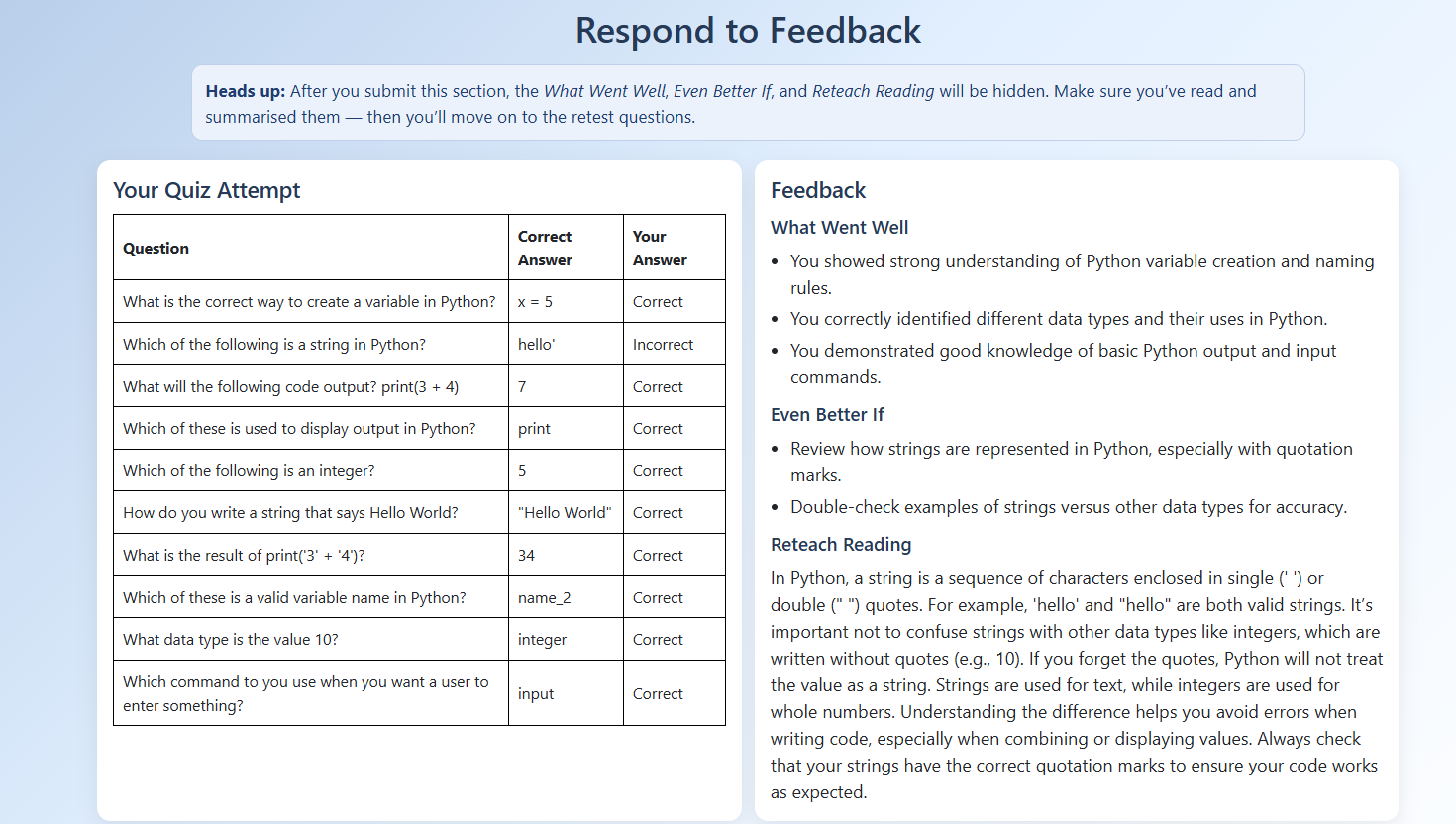 Student feedback view
