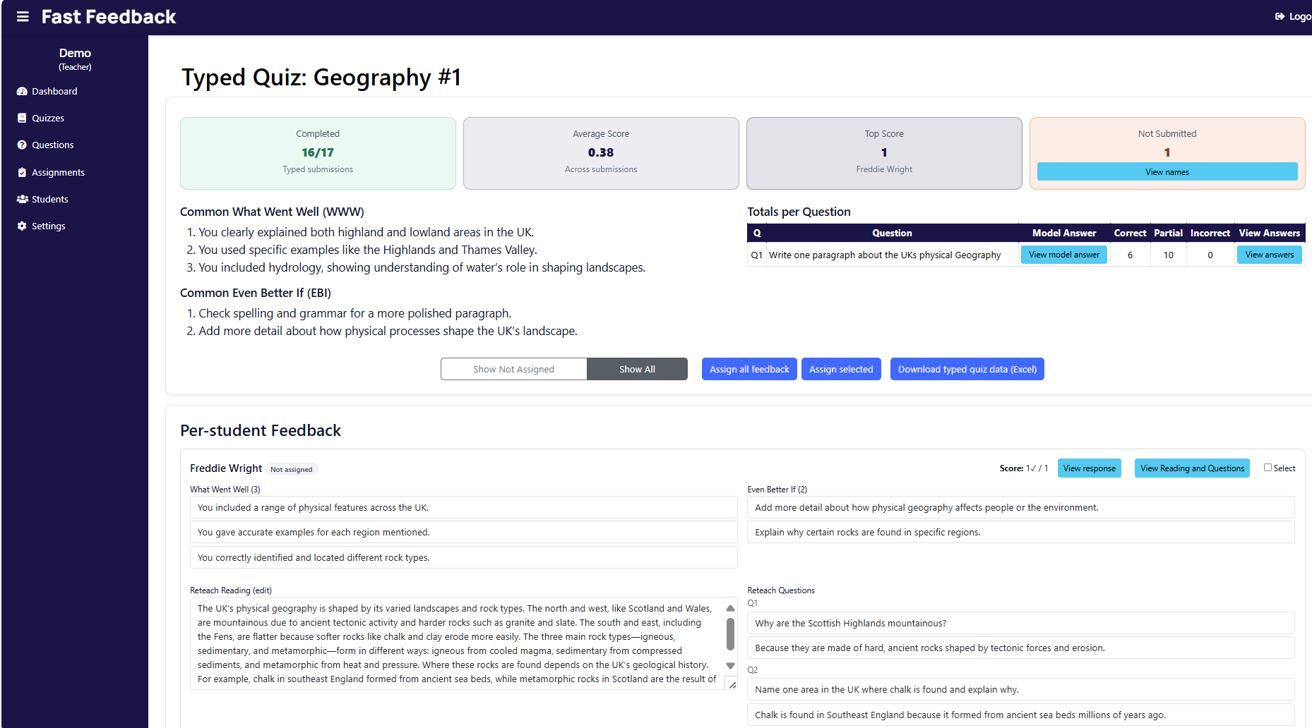 Typed quiz marking